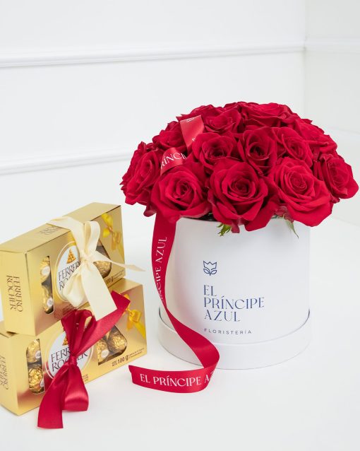 box de rosas con chocolates