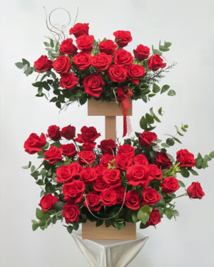 QUEEN 100 ROSAS es un exuberante arreglo de rosas rojas en dos niveles, diseñado para honrar con grandeza a mamá. Un tributo floral tan inolvidable como ella.