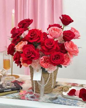 RUBIENNE es un arreglo de rosas para el Día de las Madres que fusiona la fuerza del rojo con la ternura del rosa, en una delicada cesta de mimbre adornada con perlas. Cada flor, cada detalle, celebra con gracia la belleza de su amor.
